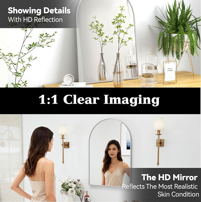 30x20 Bathroom Mirror Arch Wall Mounted/Against Aluminum Frame Silver | HD Crystal Clear No distortion Tempered Glass,Make-Up Vanity Mirrors for Bedroom,Entryway,Bathroom,Living Room