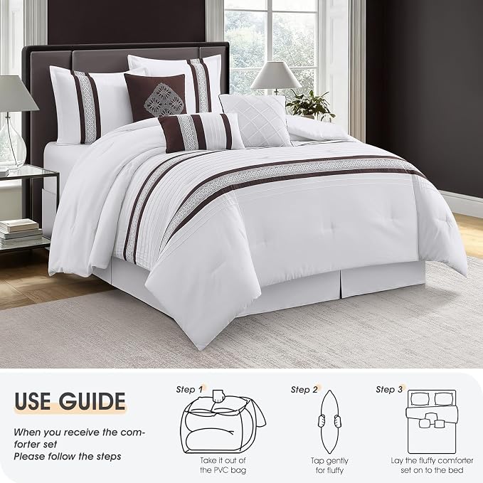 7 Piece Comforter Set, Coffee White, Queen Size, Boho Style Geometric Microfiber Embroidery, Bed in a Bag with Bedskirt, Pillow Shams and Decor Pillows