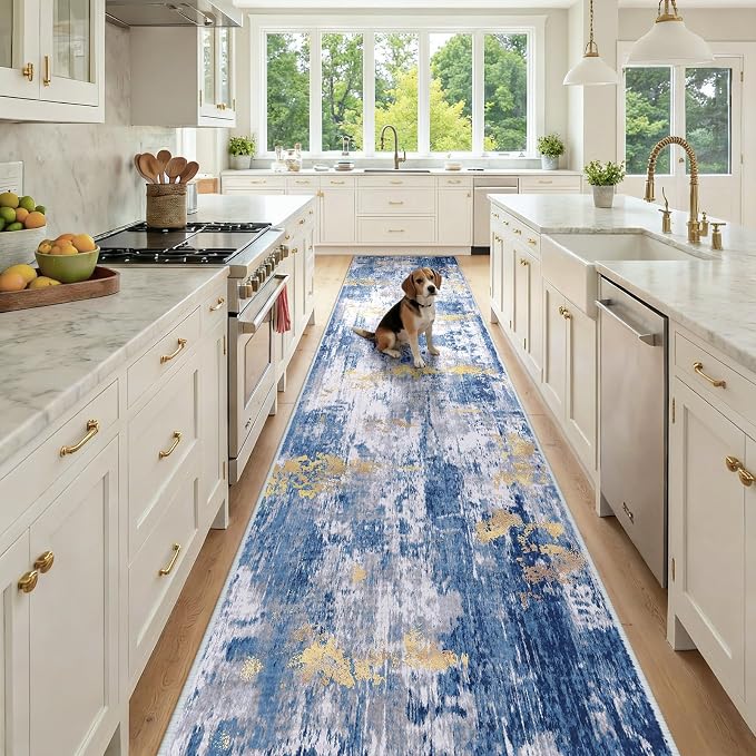RELEANY Washable Runner 3'x12' Abstract Area Rug for Hallway Blue Gold | Carpet for Kitchen, Entryway, Bathroom, Living Room, Bedroom, Printed Pattern, Non‑Slip, Soft, Stain‑Resistant, Easy to Clean