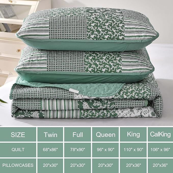 Mybedsoul Green Quilt Set Full Size, Patchwork Floral Bedding Set | Soft Lightweight Microfiber Coverlet Set, 3 Pieces Plaid Reversible Bedspread, Bed Sets for All Seasons 78"x90"