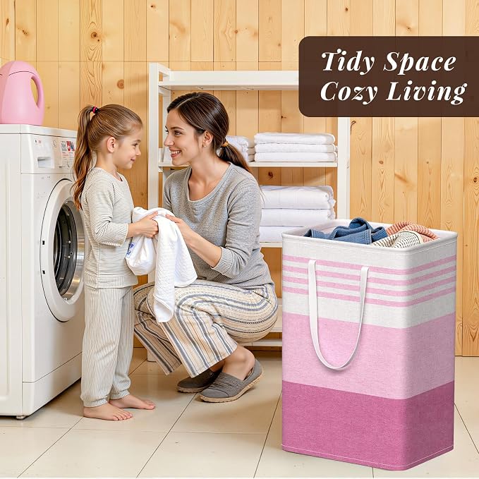 WOWBOX 2 Pack Laundry Baskets, Collapsible Dirty Clothes Laundry Hampers | with Reinforced Handles, Waterproof Coating, 2 Pack for Clean & Dirty Clothes, for Bedroom, Bathroom, Dorm (75L Pink)
