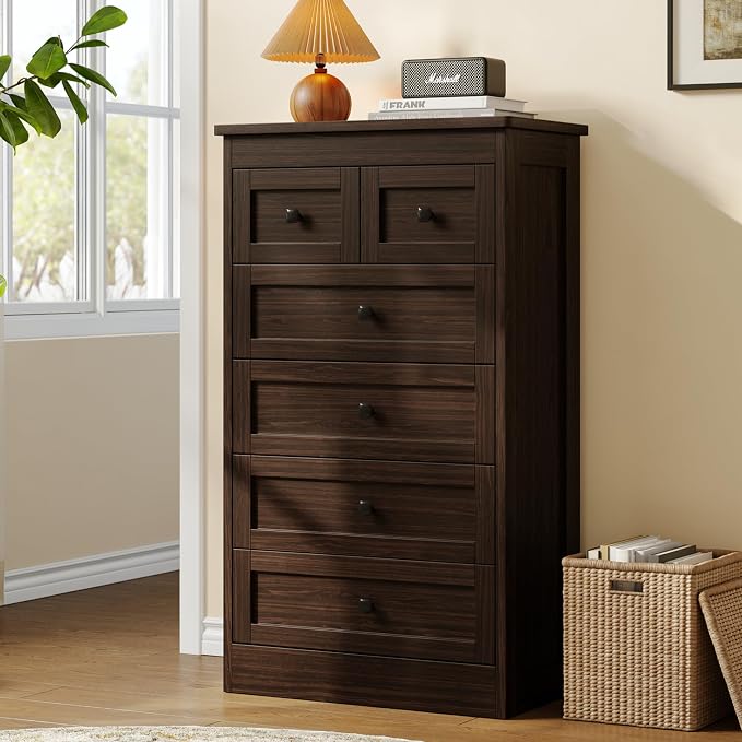 wanan Tall 6 Drawer Dresser for Bedroom, Walnut Modern 43.3'' Tall Wood Chest of Drawers, Storage Organizer with Smooth Metal Rails & Anti-Tip Kit for Closet, Hallway, Living Room