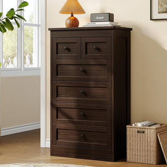 wanan Tall 6 Drawer Dresser for Bedroom, Walnut Modern 43.3'' Tall Wood Chest of Drawers, Storage Organizer with Smooth Metal Rails & Anti-Tip Kit for Closet, Hallway, Living Room