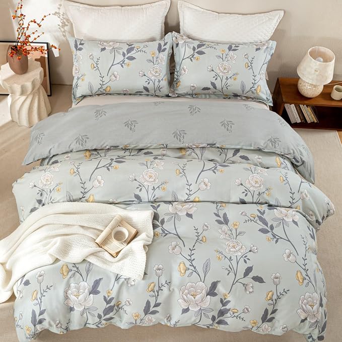 OAITE Twin Duvet Cover Set 3pcs 100% Cotton with Vintage Peony Floral | Soft, Breathable,Long-lasting,Comfort,Hidden Zipper,8 Corner Ties,Easy Care for All Season