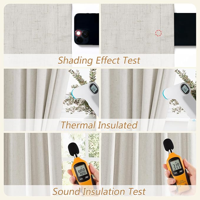 100% Blackout Boho 96 Inches Long Natural Linen Curtains Floor to Ceiling Drapes for Living Room Winter Thermal Insulated Room Darkening Black Out Sliding Barn Door Curtain, 52x96