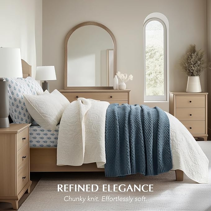 EVERGRACEHOME Chunky Chenille Knit Throw Blanket, 60 x 80, Stormy Blue | Sculpted Moss Stitch, Chic Modern Farmhouse, All-Season Warmth, OEKO-TEX® Certified, Elegant Blanket for Couch, Bed, Sofa