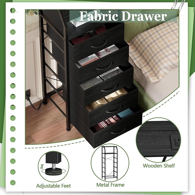 Furnulem 5 Drawers Dresser with Charging Station, Tall Black Nightstand | Tall Dorm Nightstand, Fabric Chest of Drawers with Open Shelf, Bedside Table for Closet, Dresser for Bedroom, 3 Ways to Use