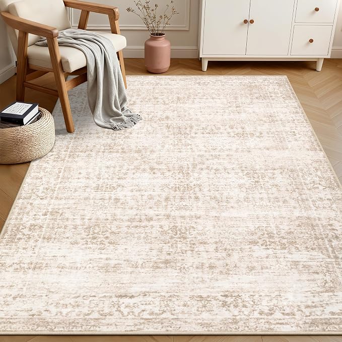 4x6 Area Rugs Living Room: Washable Rug for Bedroom Beige Brown | Boho No Slip Stain Resistant Rug Soft Indoor Decor Floor Floral 4x6 Area Rugs for Dining Room, Nursery, Hallway, Home Office