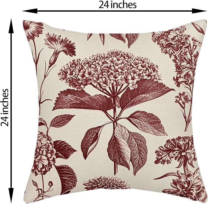 Burgundy Red Pillow Covers 24x24 Inch 2 Pcs Boho Vintage Floral Decor Throw Pillows Hydrangea Flower Seasonal Outdoor Farmhouse Neutral Accent Decoration Pillowcase Linen Cushion Cover for Sofa
