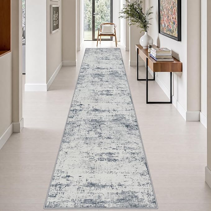 2.6x14 Washable Runner Rug:Modern Abstract Soft Carpet Blue Grey | For Hallway, Bedroom, Kitchen, Laundry, Bathroom,Door Mat,Modern Abstract,Machine washable,Non-Slip,Stain Resistant,Indoor