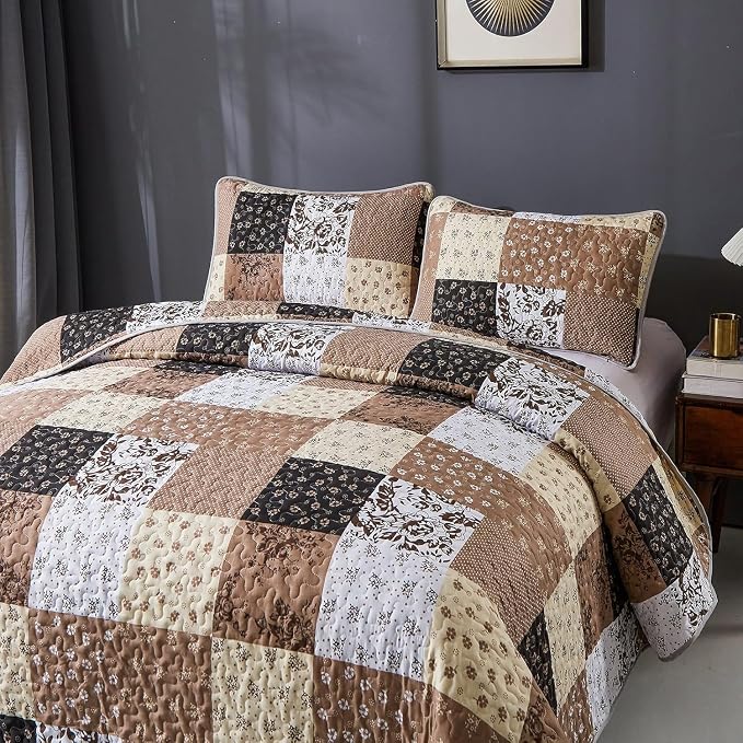 Mybedsoul Brown Quilt Set Full Size, Patchwork Floral Bedding Set | Soft Lightweight Microfiber Coverlet Set, 3 Pieces Plaid Reversible Bedspread, Bed Sets for All Seasons 78"x90"