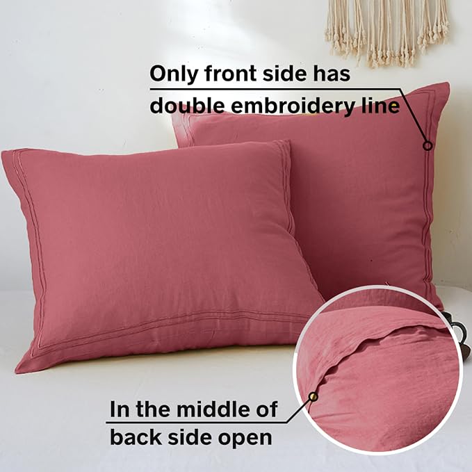 Simple&Opulence 100% French Linen Euro Shams with Embroidery (26'' x 26'') - Pack of 2 - Pre Washed Solid Color Natural Flax Soft Breathable - Coral Red