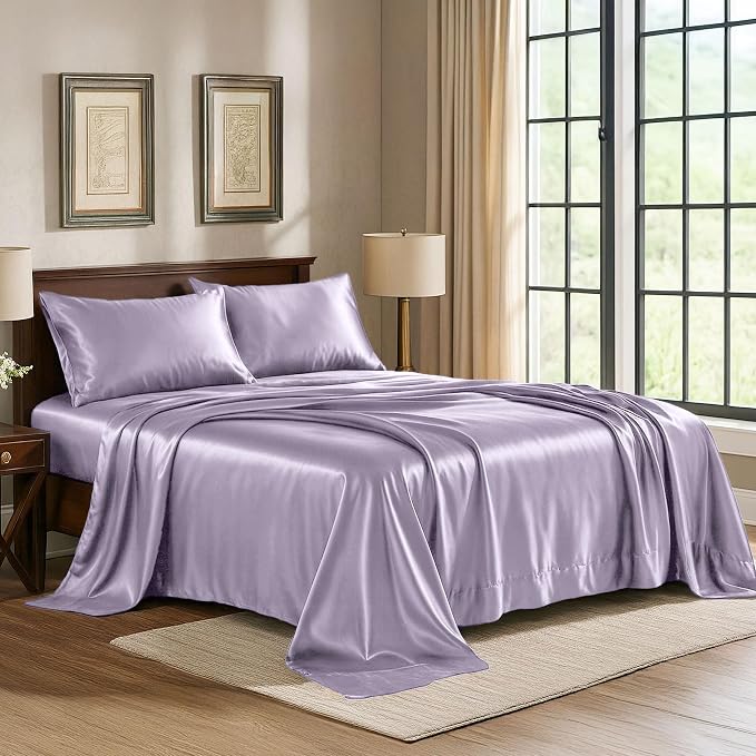 Satin Sheets Full [4-Piece, Lavender] Hotel Luxury Silky Bed Sheets - Extra Soft 1800 Microfiber Sheet Set, Wrinkle, Fade, Stain Resistant - Deep Pocket Fitted Sheet, Flat Sheet, Pillow Cases