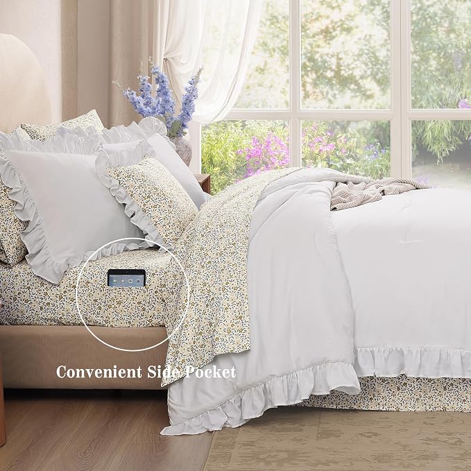 King Size Comforter Set-7 Pieces Ruffle Bedding Floral Sheet | White Bed in a Bag, Soft Lightweight All Season Farmhouse King Size Bedding Sets with Floral Sheets, Pillowcases & Shams