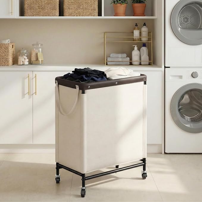 StorageWorks 2 Section Laundry Hamper, 100L Beige Sorter Cart with Wheels | Laundry Basket with Handles, Beige Sorter Cart for Bedroom, Bathroom, Apartment, Dorm