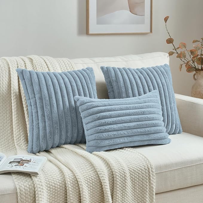 FUTEI Pack of 2 Faux Fur Throw Pillow Covers 12x20 Inch, Dusty Blue | Fluffy Faux Rabbit Fur Front/Premium Velvet Back,Hidden Zipper,Machine Washable,Non-Shedding,Colorfast,Insert Not Included.