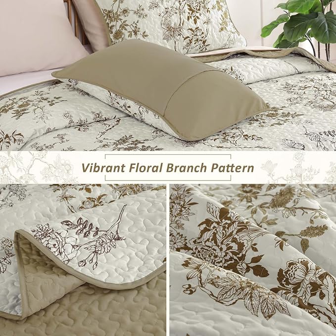 WONGS BEDDING Floral Quilt Set Full,3 Pcs Brown Bedspreads Coverlets Set | Spring Summer Floral Farmhouse Bedspread with 2 Shams,Soft Microfiber Lightweight Coverlet for All Season 78"×90"