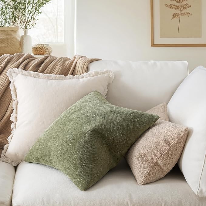 MIULEE Textured Chenille Throw Pillow Covers 18x18 Inch Sage Geen | Pack of 2 Decorative Soft Throw Pillows, Solid Textured Cushion Covers, Modern Home Decor for Couch Sofa Bedroom Living Room