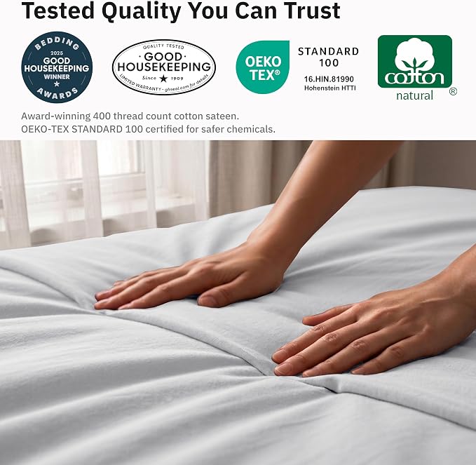 California Design Den Luxury Queen Size Duvet Cover Set, Silver | Soft 400 Thread Count 100% Cotton Sateen Backed by GH Seal, Duvet Cover & Pillow Sham 3 Pc Set, Button Closure & Corner Ties
