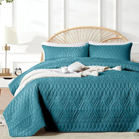 akkialla Twin Quilt Set, Teal Lightweight Microfiber Bedspread Coverlet, Boho Geometric Pattern, Soft All-Season Bedding, 2-Piece (1 Quilt, 1 Pillow Sham)