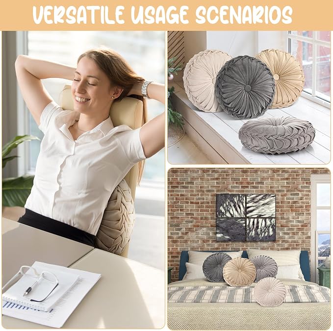 Kathfly 4 Pcs Round Throw Pillows Velvet,Beige, Khaki, Gray, Dark Gray | Pleated Pumpkin Design, Soft Velvet Fabric for Bed Sofa Chair, 14 Inch Diameter Floor Cushion, Elegant Home Decor Accent