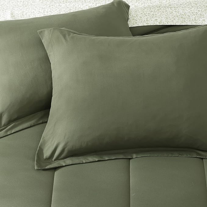 Monbix Queen Comforter Set - 7 Pieces Soft Bed in a Bag Queen Bedding Sets | All Season Green Track Stitching Comforter Bed Set with Printed Sheets, Pillowcases & Shams