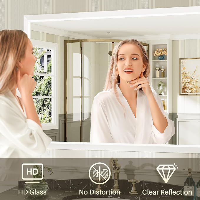 Bathroom Wall Mirror, White Metal Frame, 48x36 Inch | Anti-rust, HD tempered glass, for bathroom vanity, bedroom, living room, horizontal or vertical mount