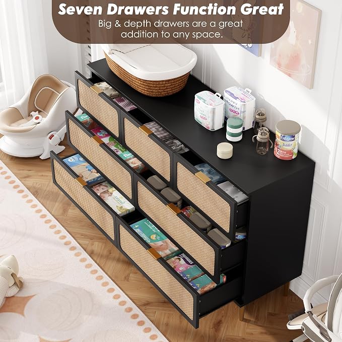GarveeHome Rattan 7 Drawer Dressers for Bedroom, Deep Drawer, Black | Tall Dresser, Wide Top, for Living Room, Hallway, Kids Room, Large Chest of Drawers for Closet, Long Wooden Dresser