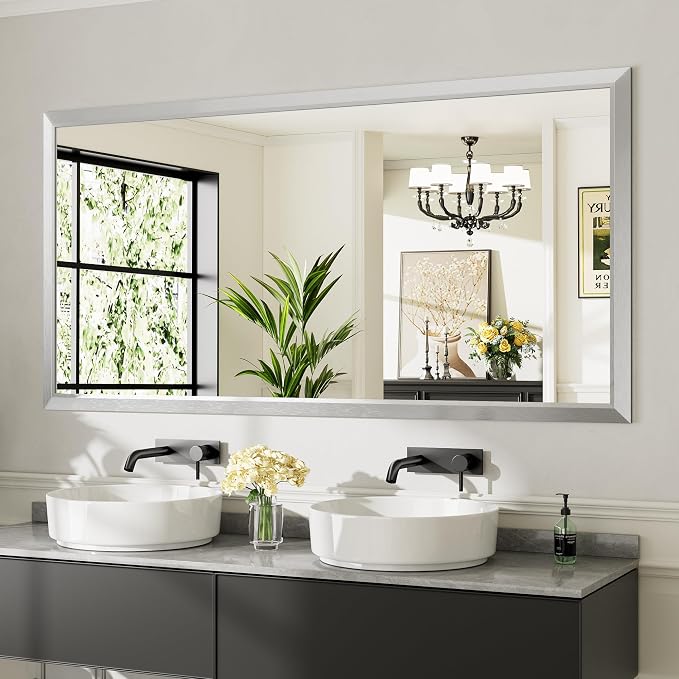 Bathroom Wall Mirror, Silver Brushed Nickel Metal Frame, 72x36 Inch | Anti-rust, HD tempered glass, for bathroom vanity, bedroom, living room, horizontal or vertical mount