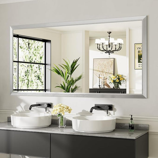 Bathroom Wall Mirror, Silver Brushed Nickel Metal Frame, 72x36 Inch | Anti-rust, HD tempered glass, for bathroom vanity, bedroom, living room, horizontal or vertical mount