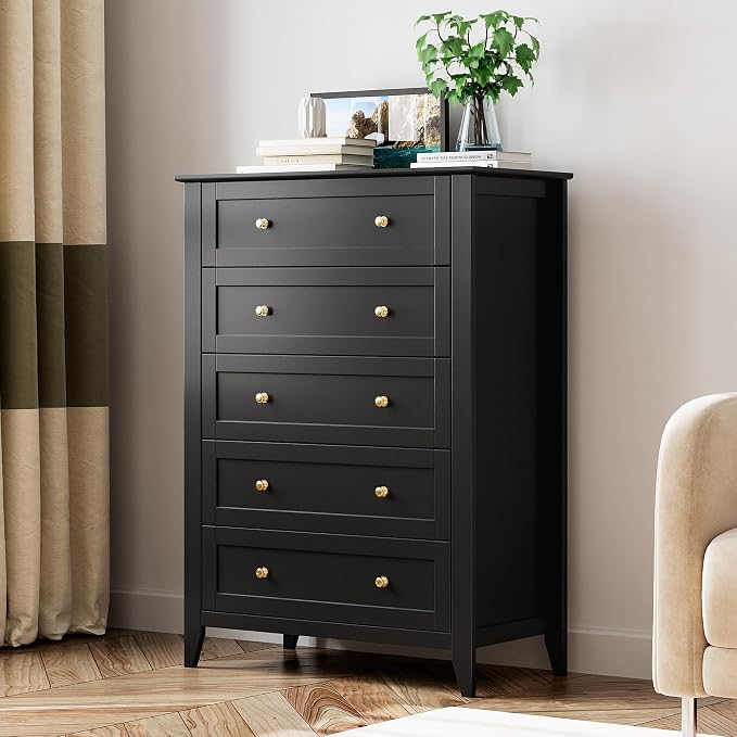 Garvee 5 Drawer Dresser for Bedroom, Modern Tall Chest of Drawers with Metal Knobs, Wooden Clothes Storage Organizer for Closet, Nursery, Living Room, Apartment, Black | Lacquered Finish, Metal Knobs, Clothes Storage Organizer for Closet, Nursery, Livi...