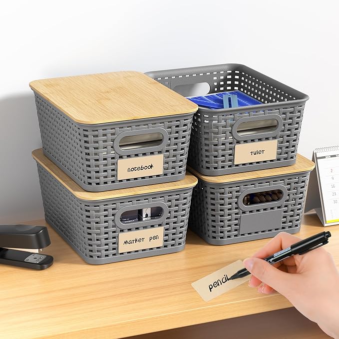 6 Pack Plastic Storage Baskets,Gray bamboo lid storage Box | Labels, Stackable, For Organizing Shelves Pantry Drawers Desktop Closets Organizing Desktop Closet Playroom Classroom