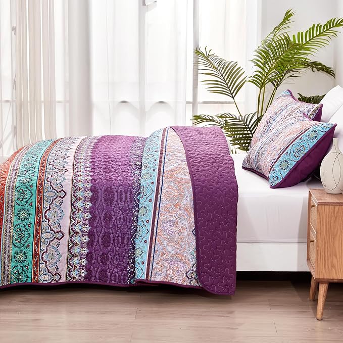 WONGS BEDDING Purple Quilt Queen Size, Boho Stripe Bedding Set, 96"x90" | Lightweight Soft Bedspread Coverlet,Modern Style Bohemian Pattern Bed Cover for All Seasons,3 Piece(1 Quilt,2 Pillow Shams)