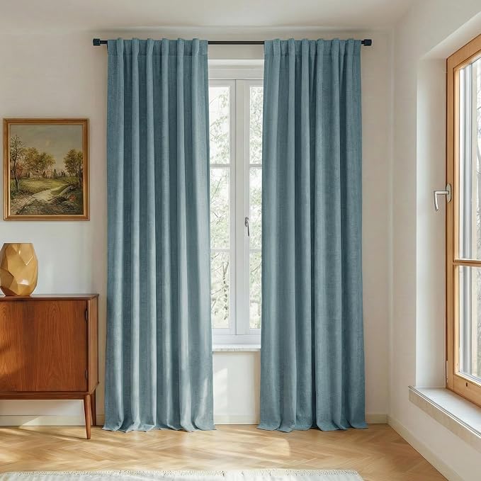 NICETOWN 100% Blackout Linen Curtains 90 inches Long 2 PCs, Skylark Blue | Completely Shaded, Linen Textured, Privacy Protection, Noise Reducing Drapes Energy Saving for Apartment, W52" x L90"