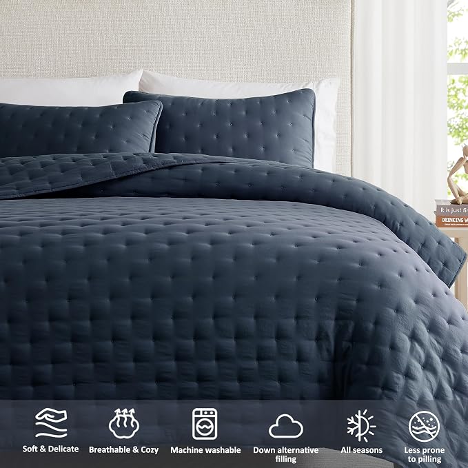 WDCOZY Navy Blue California Cal King Size Quilt Bedding Sets with Pillow Shams, Oversized Lightweight Bedspread Coverlet, Bed Cover for All Season - 3 Pieces, 118x106 inches