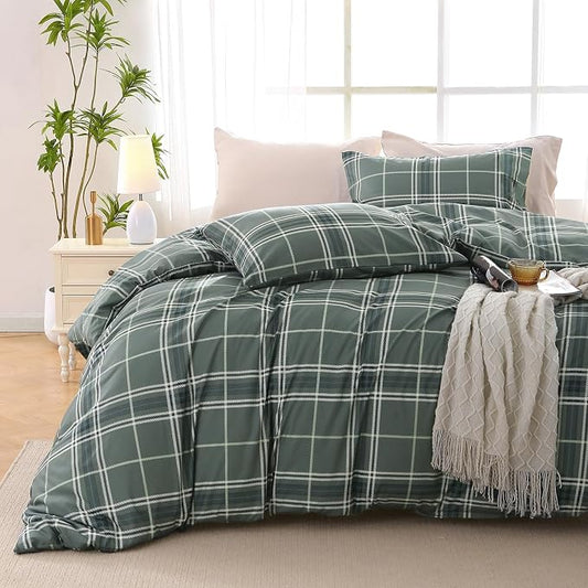 MUXHOMO Duvet Cover Queen Size, Reversible Floral Grey Plaid Duvet Cover Set with Zipper Closure, 3 Pieces Botanical Patterns Soft Microfiber Bedding Set with 4 Ties (90"x90", 2 Pillow Cases)