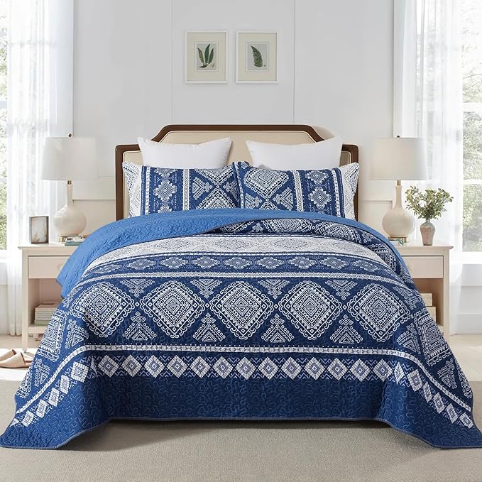 Quilt Set King Size, Bedspread Sets Blue Tribal Geometric, Reversible Quilt Bedding Set Lightweight and Breathable for All Seasons, Soft Quilted Bedspread with 2 Pillow Shams