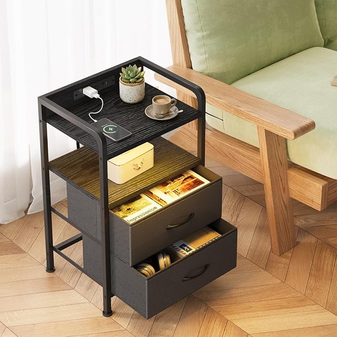Fixwal Black Led Nightstand, Rear Charging Station, 2 Fabric Drawers | industrial style, built-in bedside charger, 2 AC outlets 1 usb port 1 c port, small bedroom furniture, end table, night stand