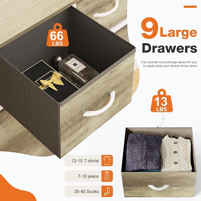Sweetcrispy 9 Drawer Fabric Dresser Storage Tower Drawer Organizer, Oak | Sturdy Steel Frame with Wood-top, Easy-pull Handle, Space-Saving Organizer Chest for Bedroom, Closet, Lightweight and Stable