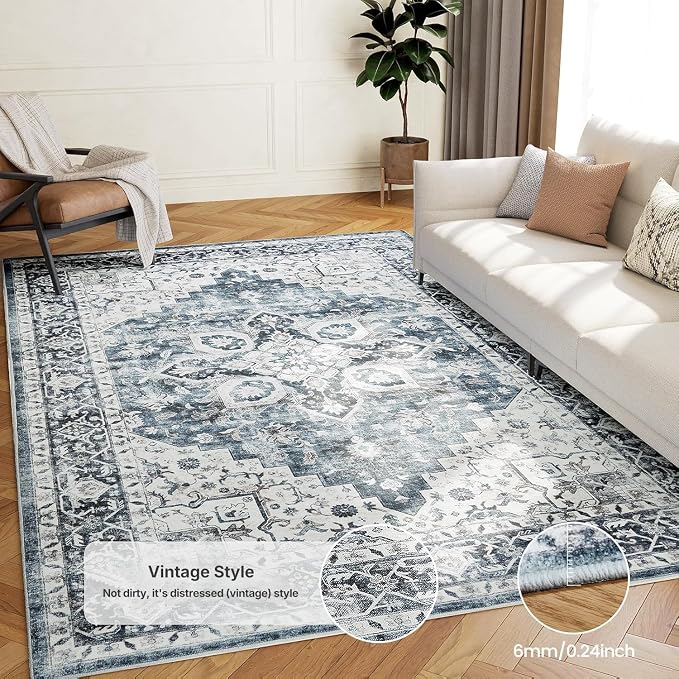 AMADA HOMEFURNISHING 6x9 Area Rugs, Blue Low-Profile Washable Rug with Non-Slip Backing & Durable Edge Binding, Vintage Rugs for Living Room, Bedroom, Dinning Room