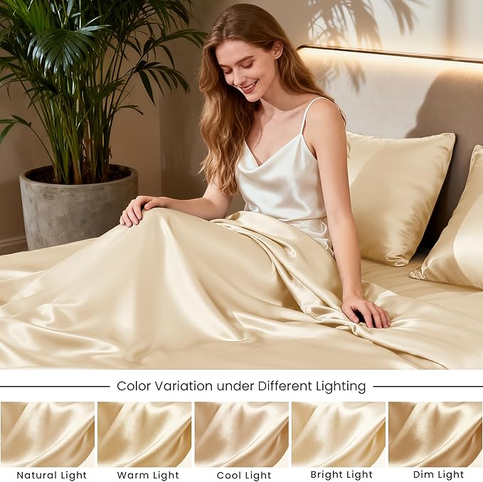 Love's cabin Satin Queen Sheets Set - 4 Piece Beige Silky Bed Sheets Set with Deep Pocket, Luxury Silk Feel Satin Queen Size Sheet Set (1 Flat Sheet,1 Fitted Sheet,2 Pillow Cases)