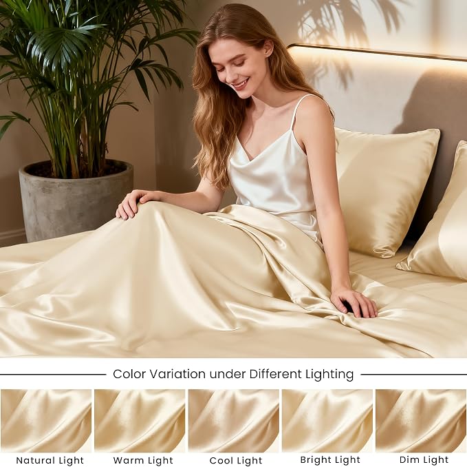 Love's cabin California King Satin Sheet Sets - 4 Piece Beige Silky Sheets Bed Set with Deep Pocket, Luxury Silk Feel Satin Cal King Sheet Set (1 Flat Sheet,1 Fitted Sheet,2 Pillow Cases)