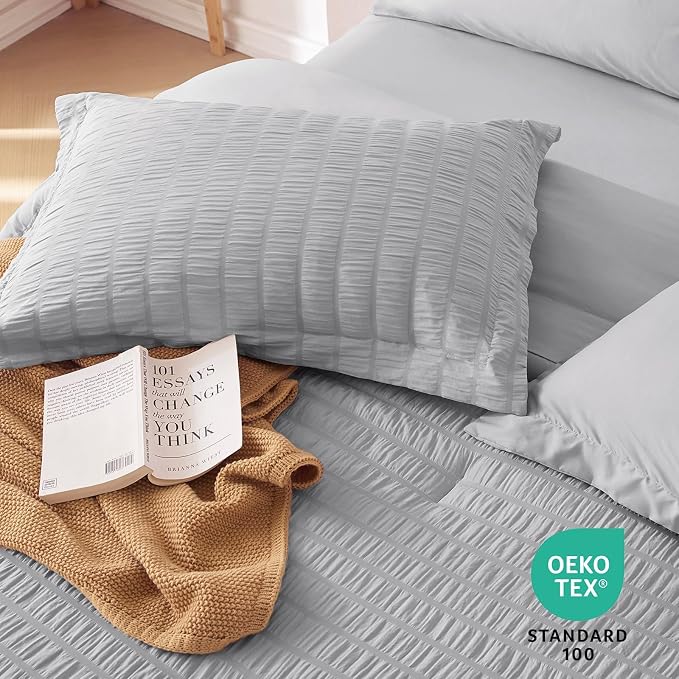 7 Pieces King Comforter Set, Seersucker Bed in a Bag King Size, All Season Luxury Bedding Set with Comforter, Flat Sheet, Fitted Sheet, Pillowcases & Shams, Light Grey