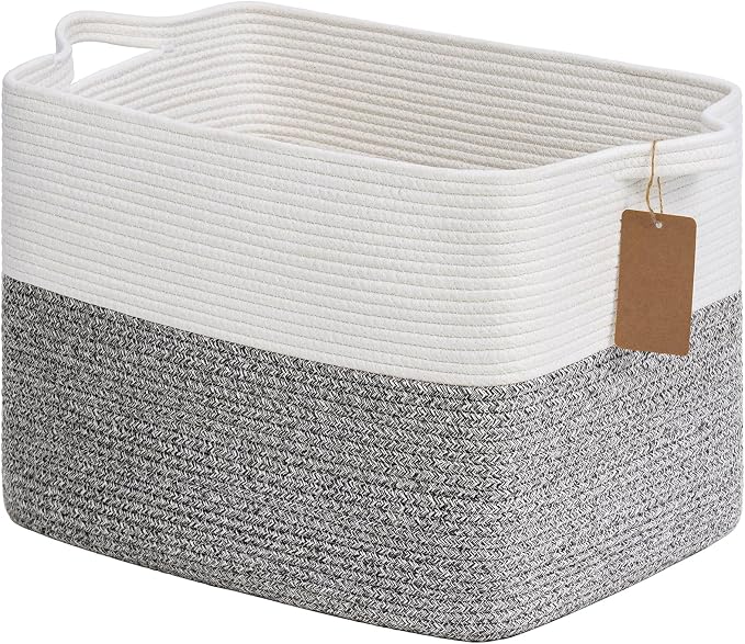Goodpick 50L Large Woven Rope Storage Basket with Handles, Light Gray | 18" × 14" × 12" Stylish Gift Basket for Living Room & Nursery Organization, Fits Blankets, Toys & Home Essentials Storage