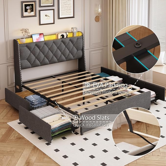 Full Size Bed Frame with 4 Drawers and Storage Headboard, Upholstered Button Linen Platform Full Bed with Led Lights and Handy Charging Station, No Box Spring Needed, Easy Assembly, Noise Free, Gray