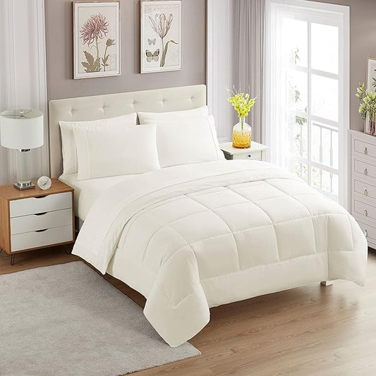 Sweet Home Collection 7 Piece Comforter Set Bag Solid Color All Season Soft Down Alternative Blanket & Luxurious Microfiber Bed Sheets, Ivory, Twin
