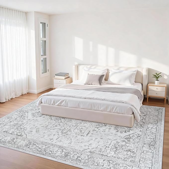 5x7 Washable Area Rugs for Bedroom Grey Non-Slip Rug | Vintage Medallion Rug，Soft Low Pile Large Rugs，Indoor Retro Carpet for Bedroom Nursery Dining Table Farmhouse Home Office