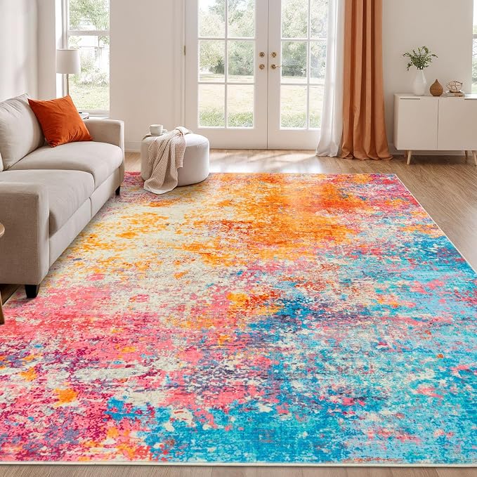 Rugflix 9x12 Area Rugs for Living Room, Washable Colorful Rainbow Large Rug | Machine Washable; Stain-Resistant; Low Pile; Non-Slip; Modern Abstract; Multi-colors Carpet for Nursery Girls Bedroom Home