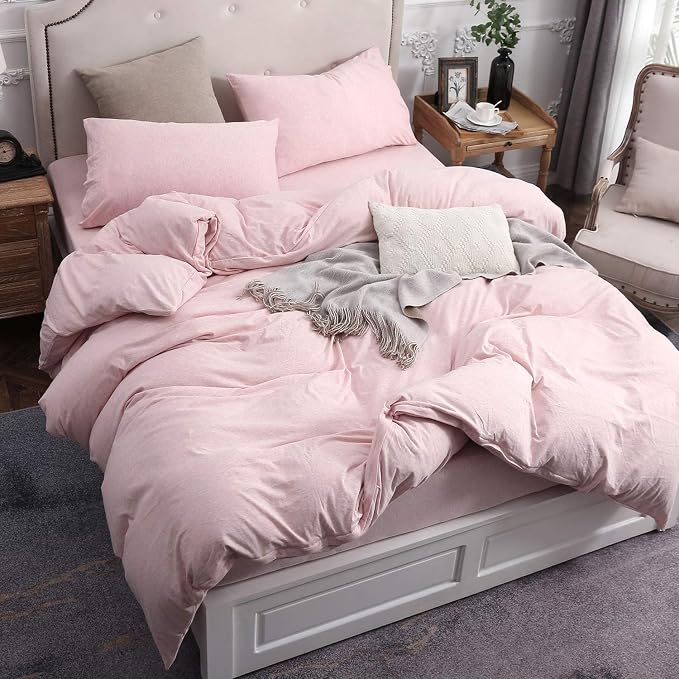 PURE ERA Jersey Knit Sheet Set Heather Pink King | 100% Cotton, 3 Piece Set, T Shirt Soft, Breathable, Envelope Closure Pillowcases, Hidden Zipper, 8 Ties, No Insert, Modern