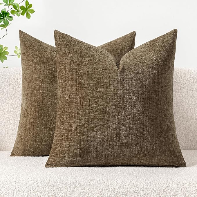 MIULEE Soft Chenille Fall Throw Pillow Covers Coffee 18x18 Inch Pack of 2 | Modern Fall Home Decor, Classic Decorative Pillows, Solid Dyed Cases, Boho Couch Cushion Covers for Sofa Bed Living Room